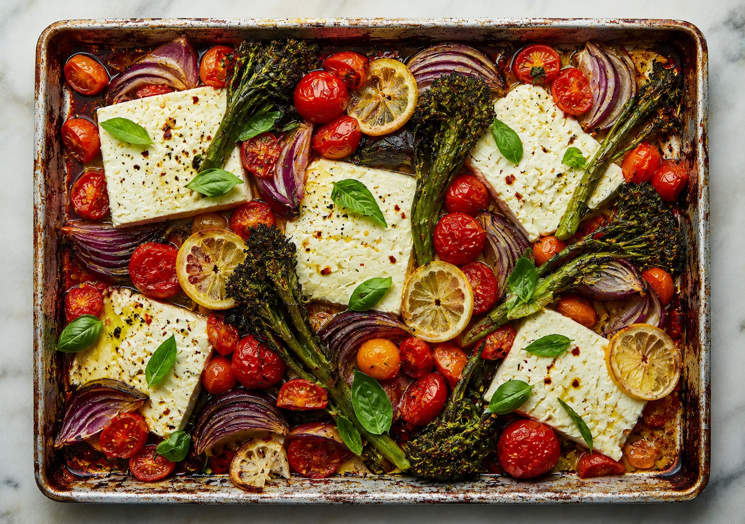 pan sheet with vegetables and feta gout diet