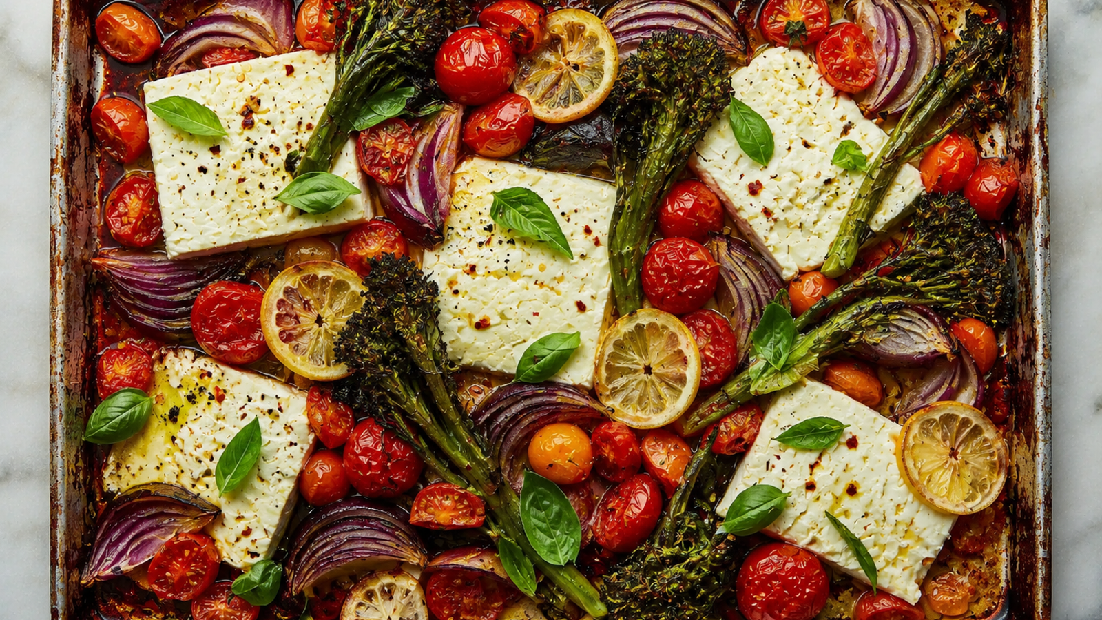pan sheet with vegetables and feta gout diet