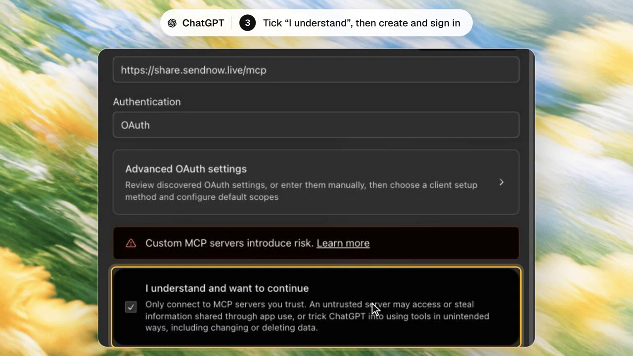 ChatGPT custom MCP server acknowledgement and OAuth authentication settings