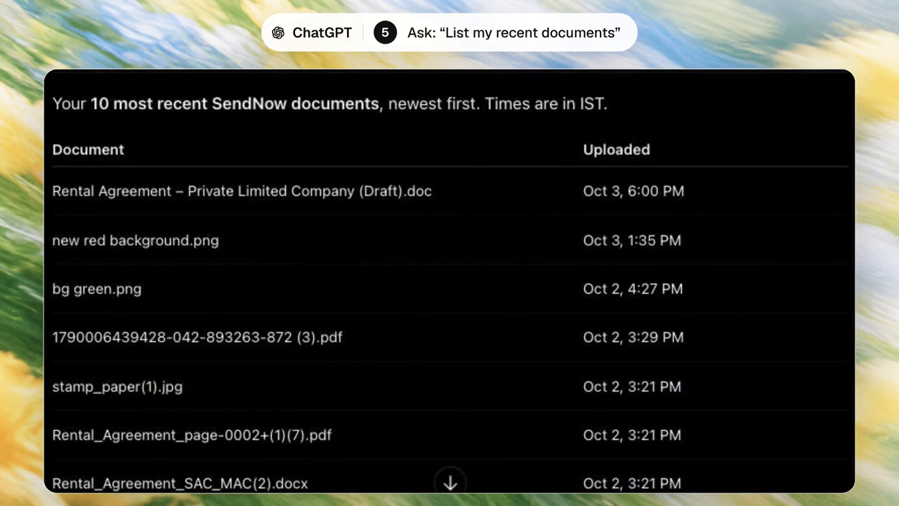 ChatGPT result listing recent SendNow documents with upload dates