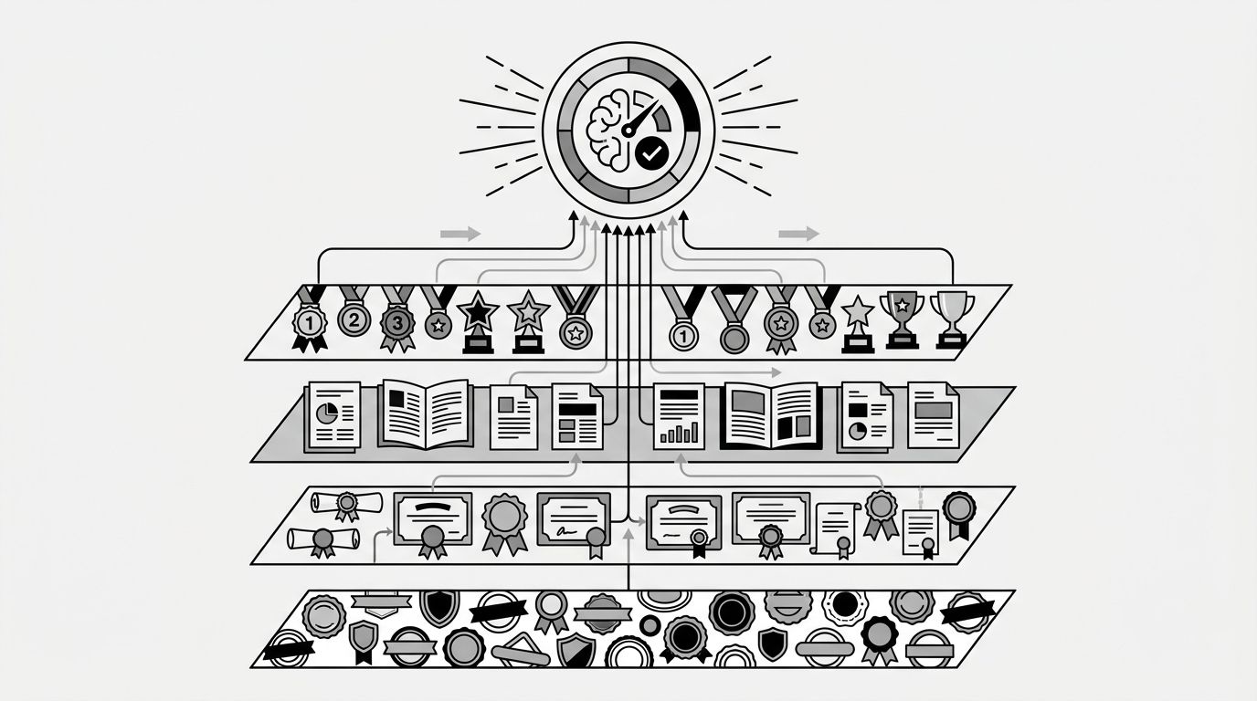 Trust signal stack diagram showing regulatory identifiers, credentialed authorship, disclosure pages, and third-party recognition feeding AI's financial services trust scoring