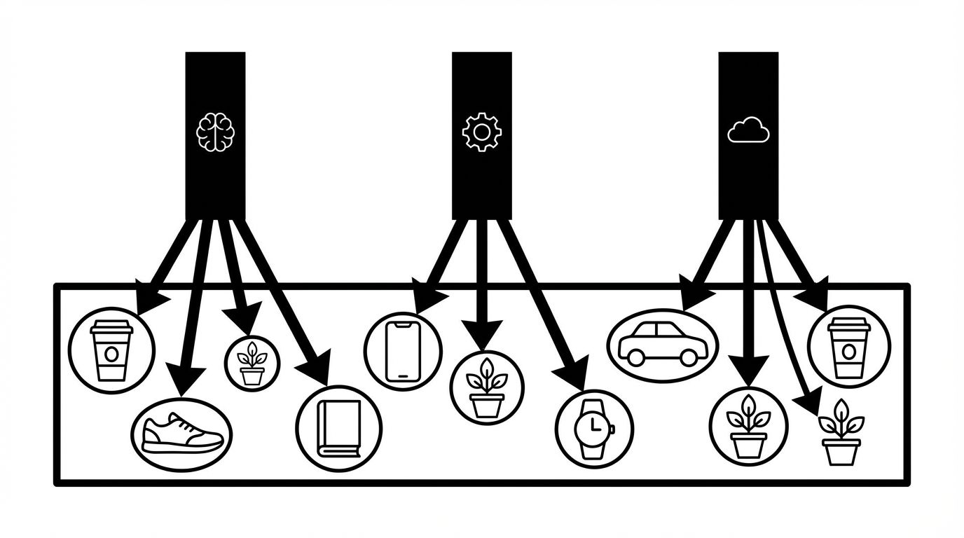 Diagram showing how AI model version updates cause brand market share to reshuffle in agentic commerce with different models selecting different products for identical queries