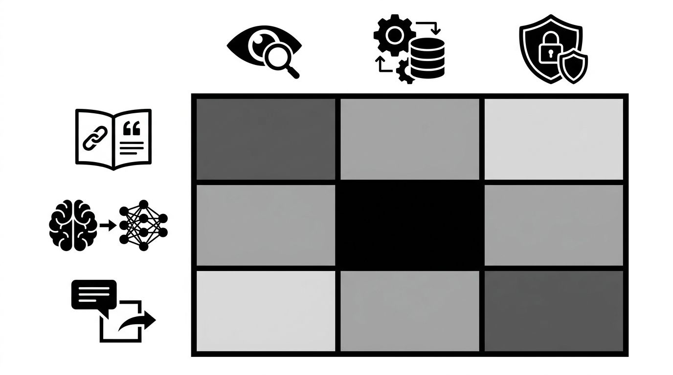 Matrix mapping EU AI Act provisions to brand visibility surfaces including citations, training influence, and output behavior