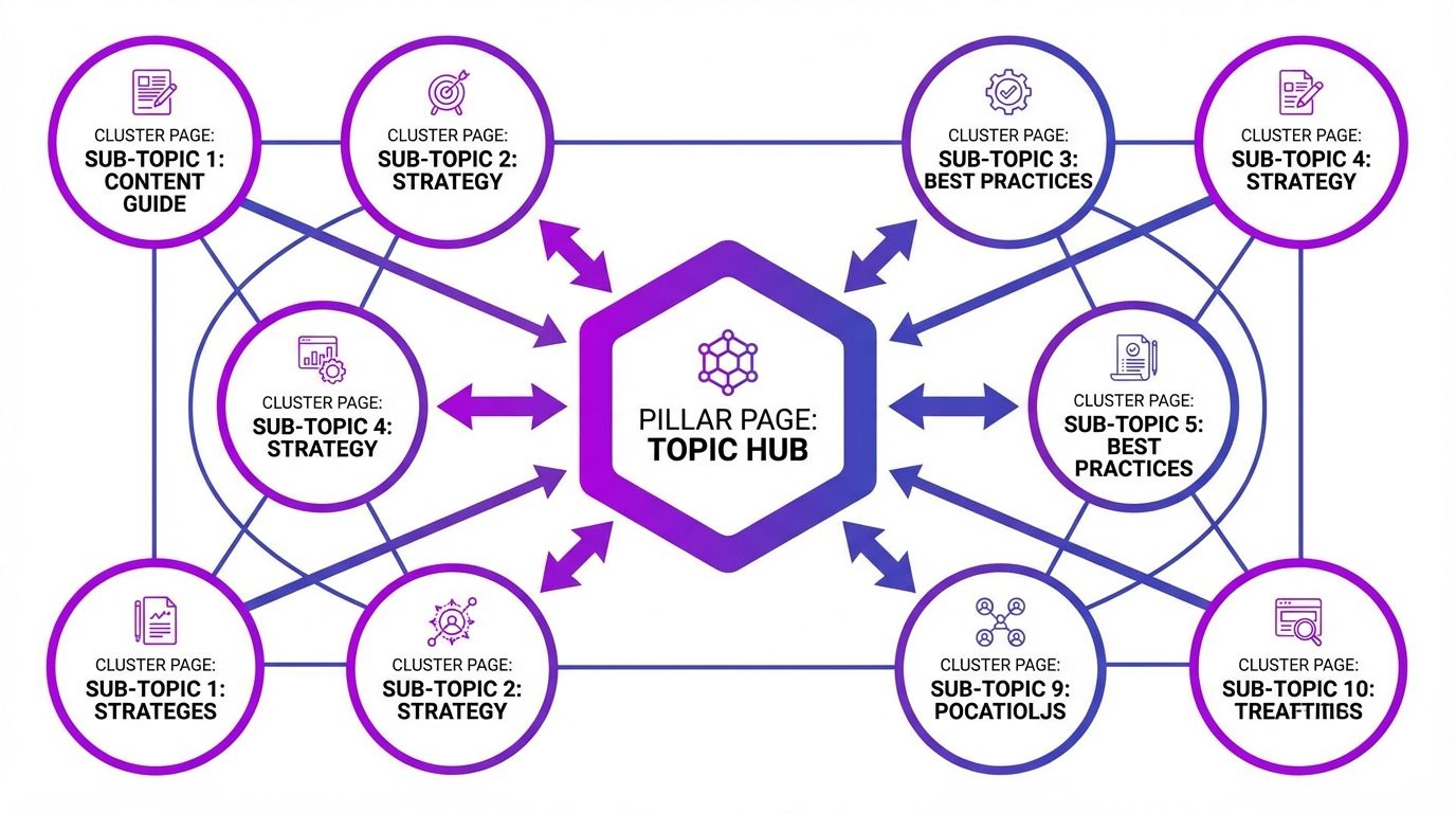 Pillar-cluster content architecture showing topic hub with connected subtopic pages