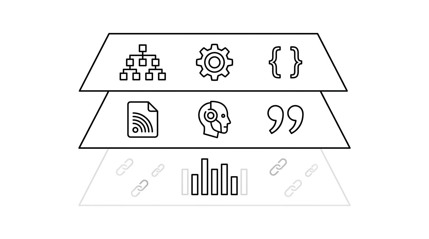 Stacked layered diagram of technical signals shared between SEO and GEO, the new GEO-only layer above it, and deprioritized SEO-only signals on top