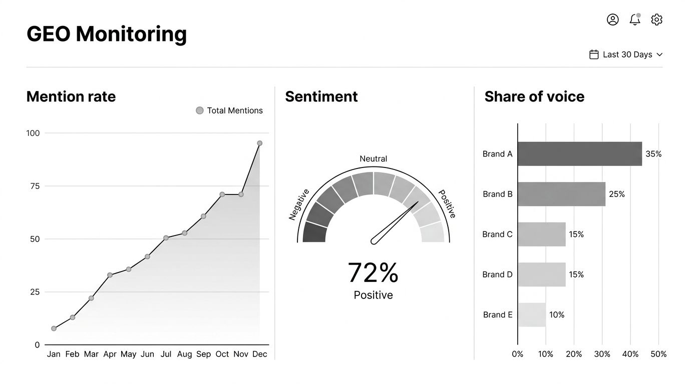 Mockup of a GEO monitoring dashboard tracking mention rate, sentiment score, and competitor share of voice over time
