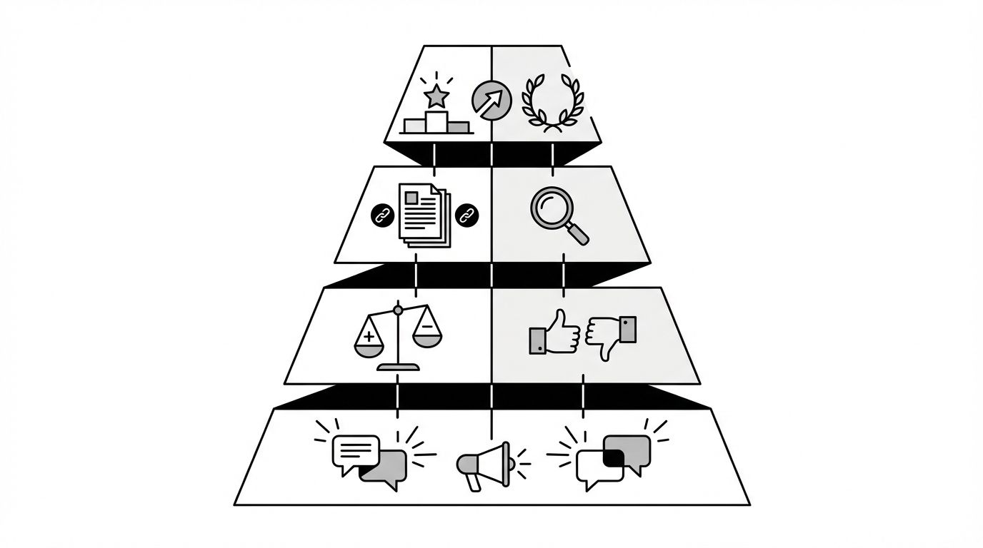 Diagram showing the four AI visibility metrics arranged in a measurement hierarchy from foundational to advanced