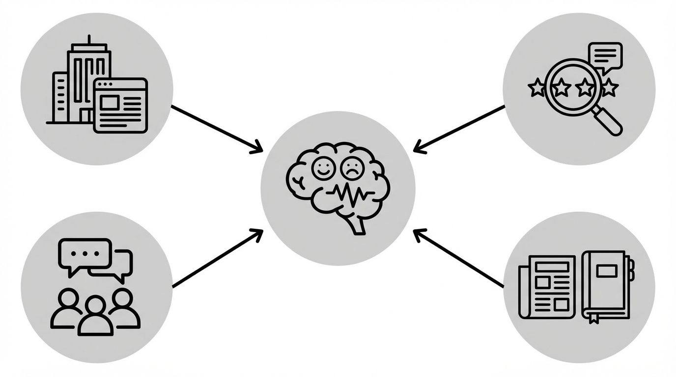 Diagram showing four source categories feeding into AI brand sentiment: owned content, review sites, industry publications, and community forums, with arrows indicating relative influence weight