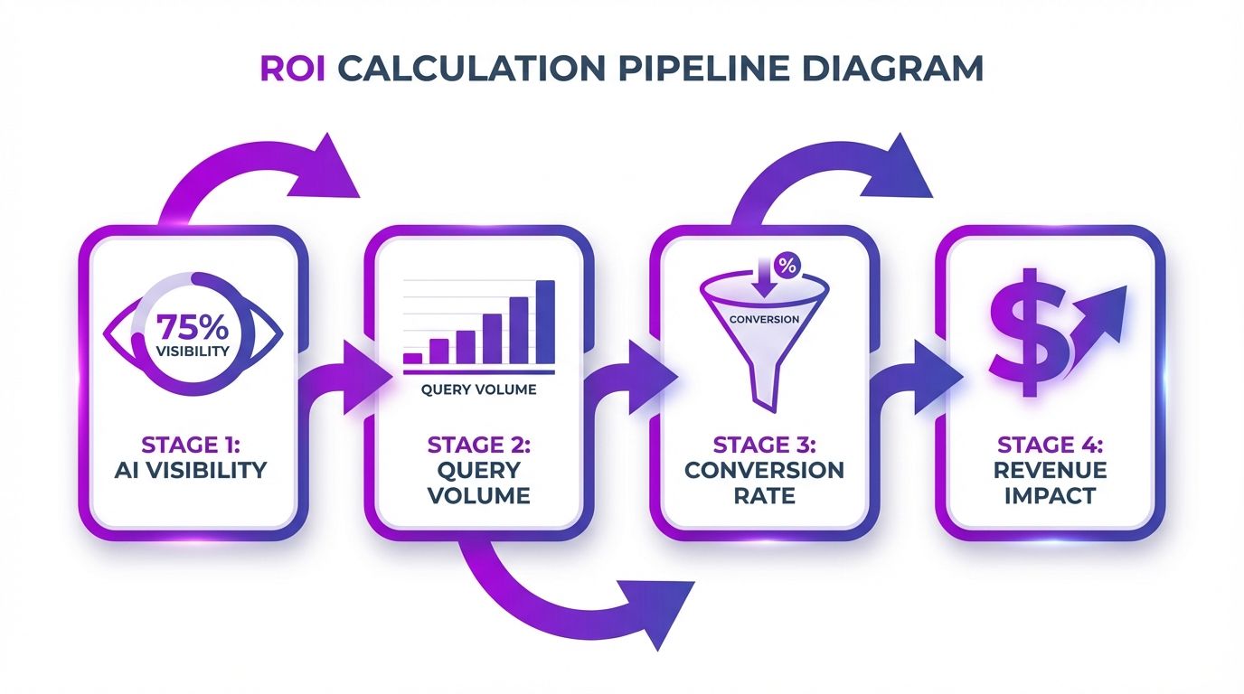 Diagram showing the GEO ROI calculation framework from AI visibility metrics to revenue impact