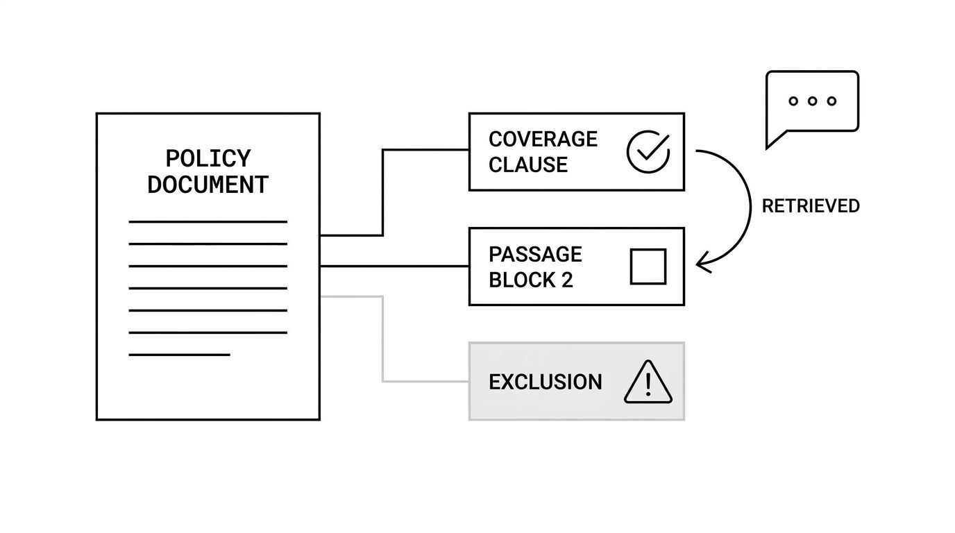 Diagram of a policy document splitting into separate passages, with the coverage clause retrieved into an answer and the exclusion left greyed out and unconnected
