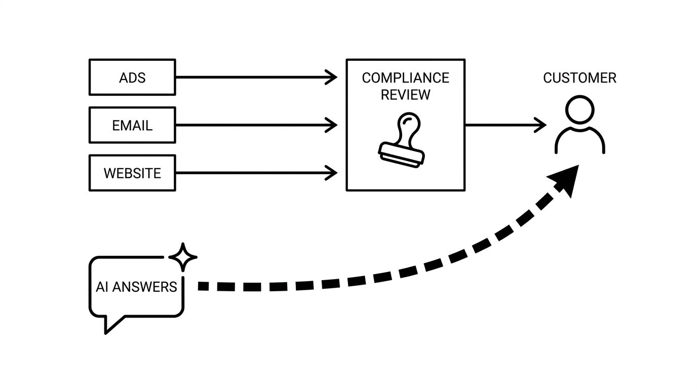 Diagram showing ads, email, and website copy passing through compliance review while AI assistant answers about a fintech brand bypass review and go straight to customers