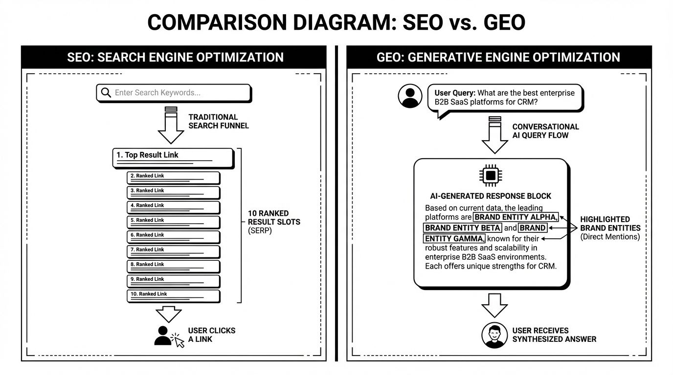 Diagram showing how traditional SEO funnels users through ranked search results compared to GEO where AI engines synthesize a single answer citing select brands