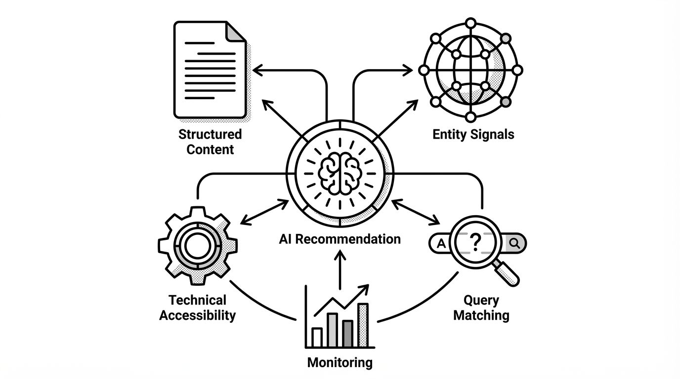 Diagram showing the five key brand signals ChatGPT uses to select brands for recommendations