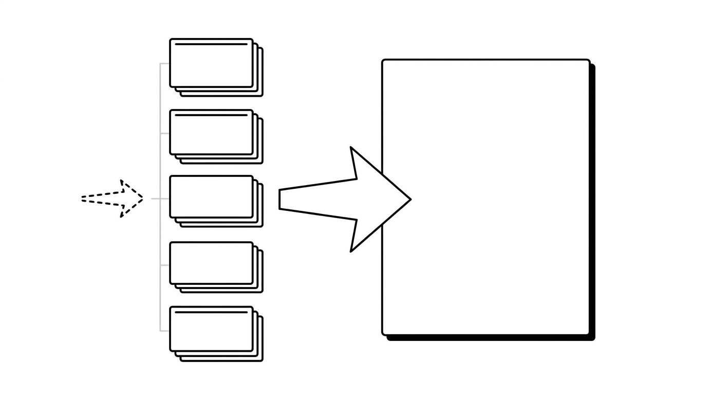 Diagram showing a traditional SERP on the left with stacked blue link cards beside a shrinking user attention arrow, and an AI generated answer panel on the right with a single large answer block absorbing the same user attention