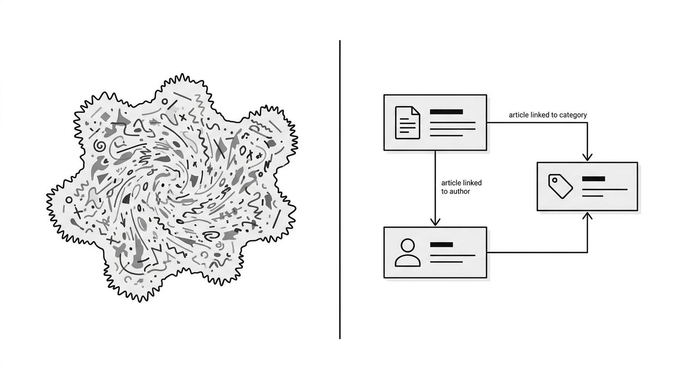 Diagram comparing unstructured HTML storage against a structured content model with typed entities, fields, and relationships