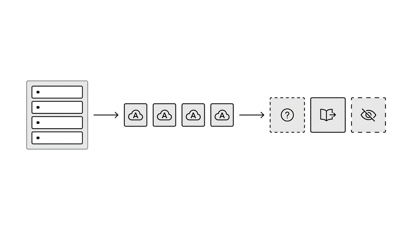 Workflow diagram showing priority query selection, response capture across AI platforms, and gap categorization