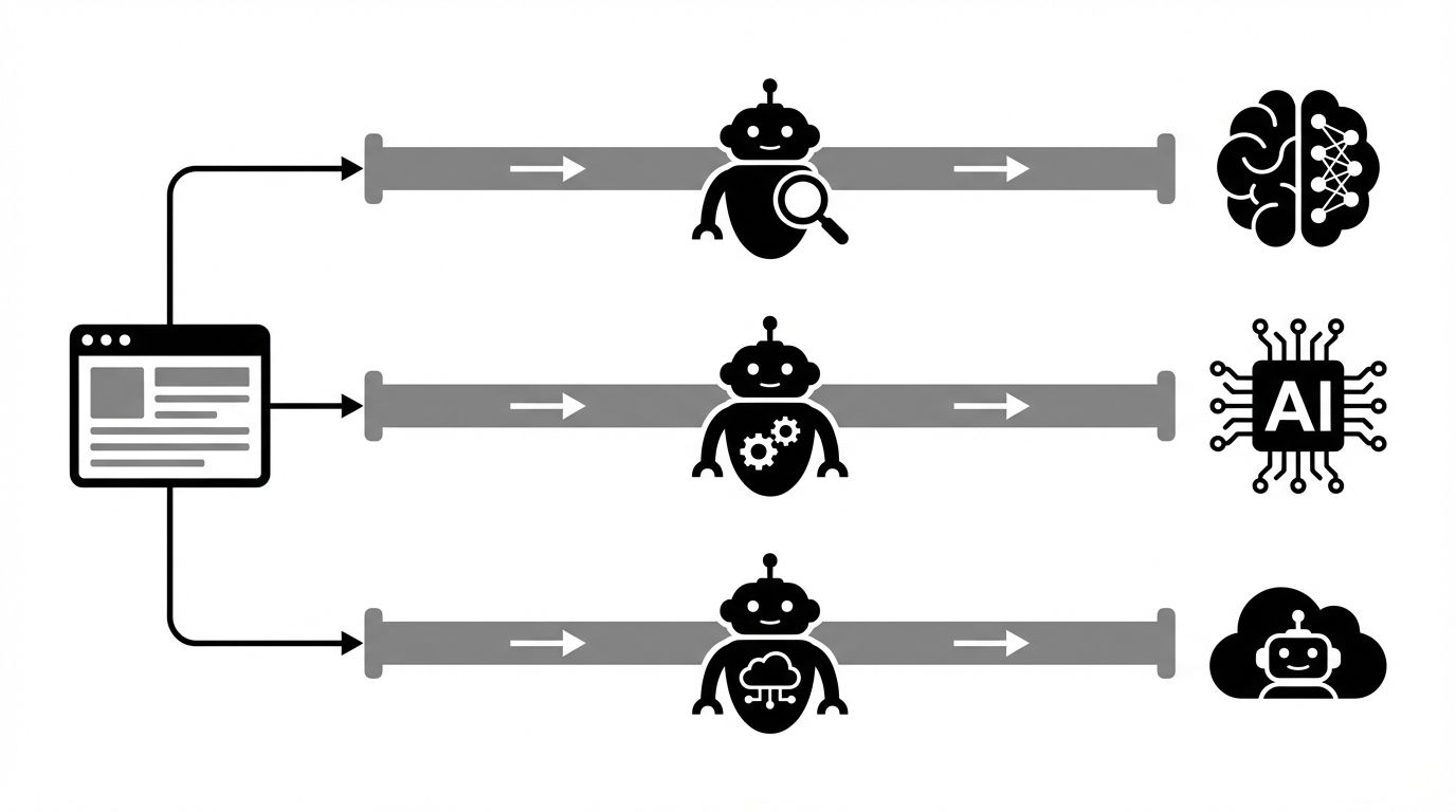 Diagram showing three AI crawlers (GPTBot, PerplexityBot, and Google-Extended) each following separate paths from website to their respective AI platforms