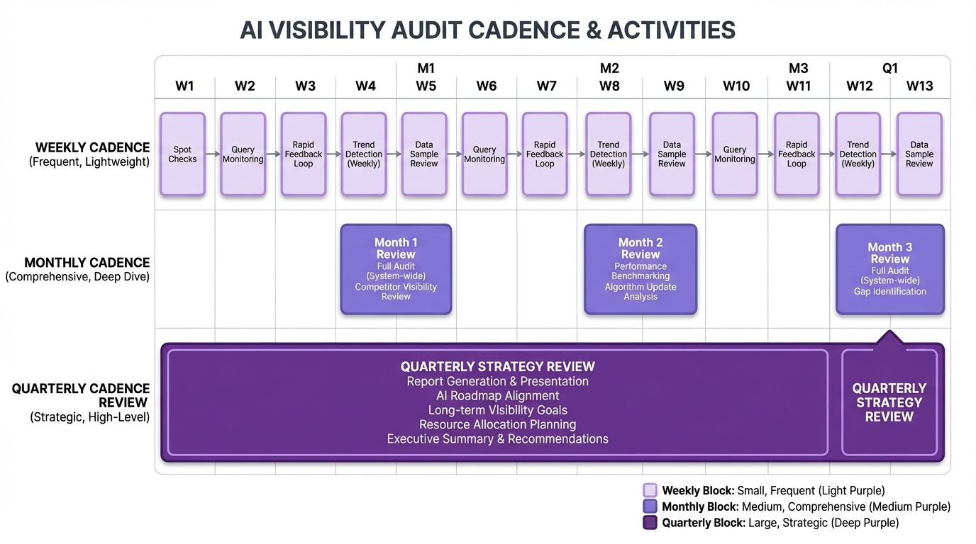 Audit cadence showing weekly, monthly, and quarterly measurement activities