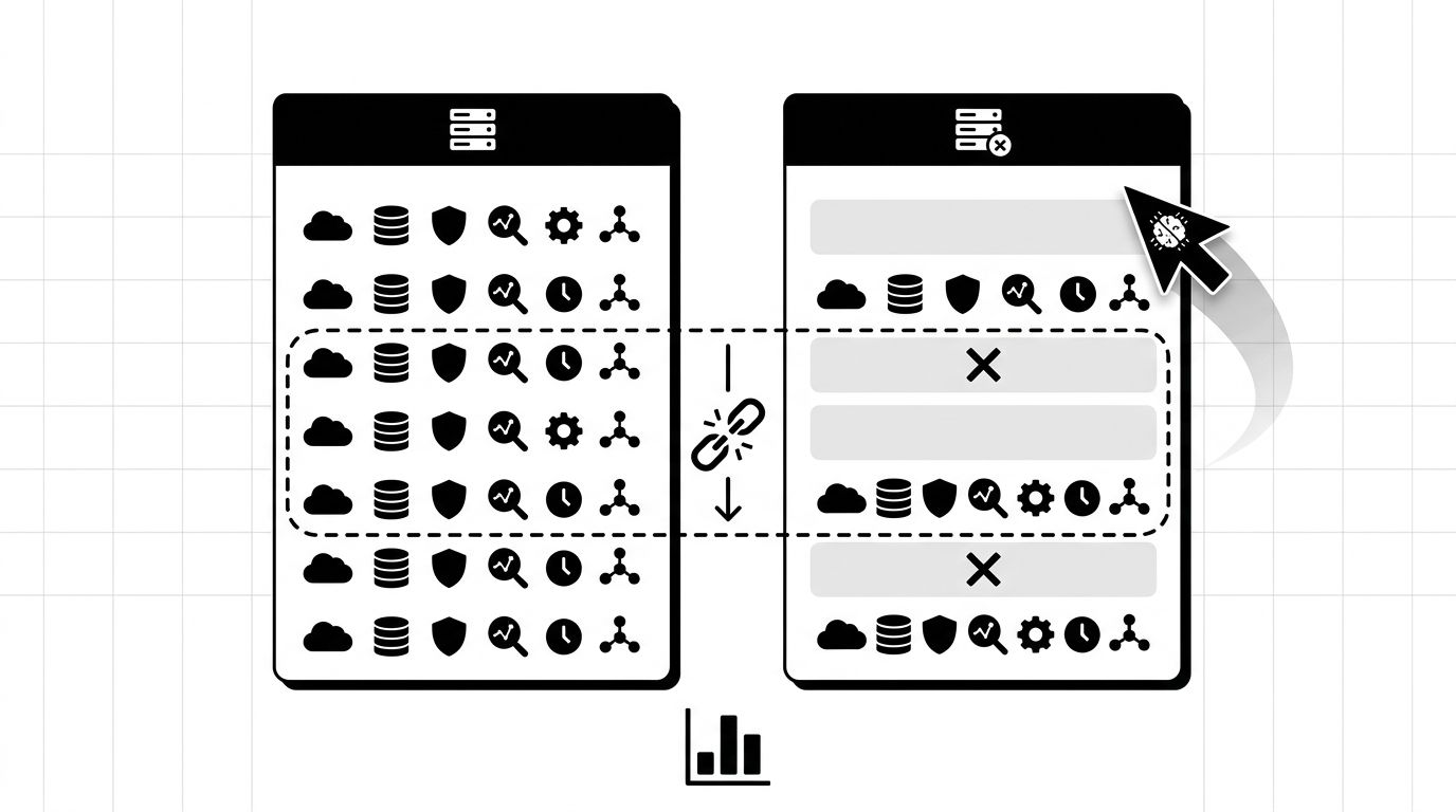 Side-by-side comparison layout showing two product cards with matched spec rows, highlighting where a coverage gap causes an AI model to skip a brand