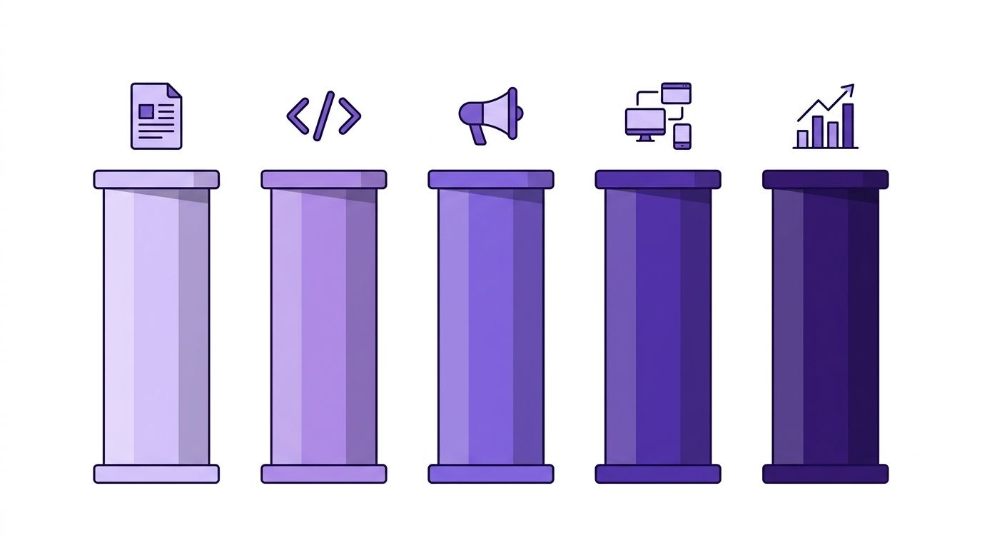 The five pillars of GEO optimization: content authority, structured data, brand amplification, multi-platform, and measurement