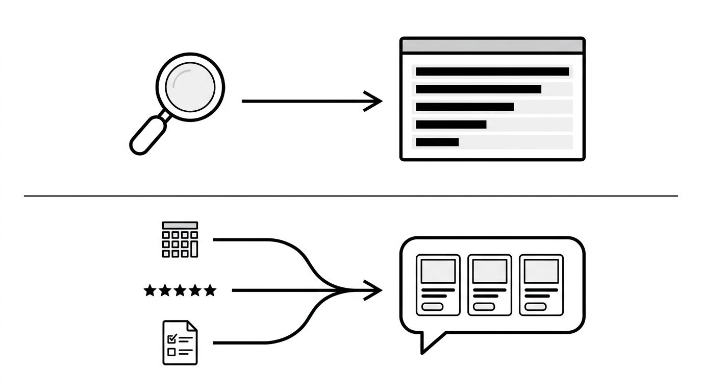 Two-lane diagram contrasting classic Shopify SEO work on Google rankings with AI shopping visibility work on product feeds, reviews, and comparison content