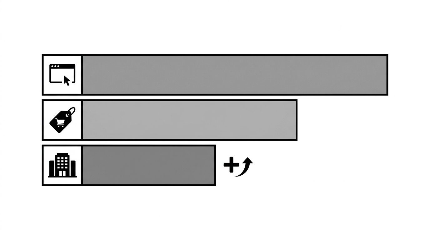 Diagram showing three horizontal benchmark bars stacked vertically, each labeled by industry with a distinct length representing cost per AI sourced conversion and relative return multiplier