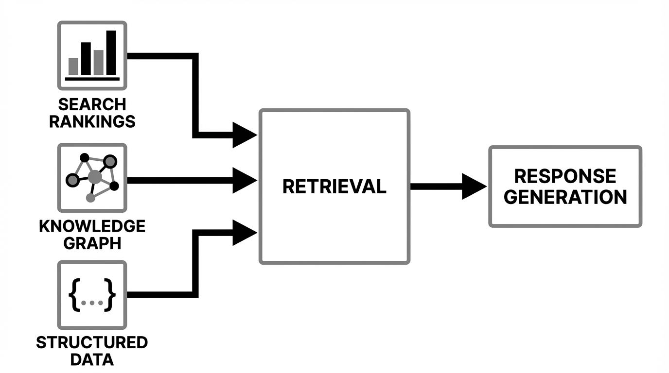 Diagram showing Google Search ranking signals, Knowledge Graph data, and structured data feeding into Gemini's retrieval and response generation pipeline
