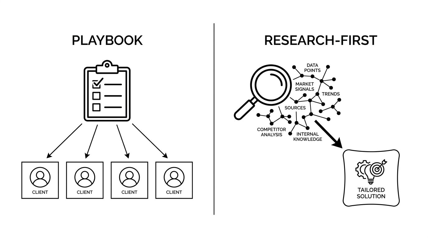 Diagram contrasting a generic GEO playbook applied identically to every client with a research-first deep-dive that maps each category's own prompts and citation sources