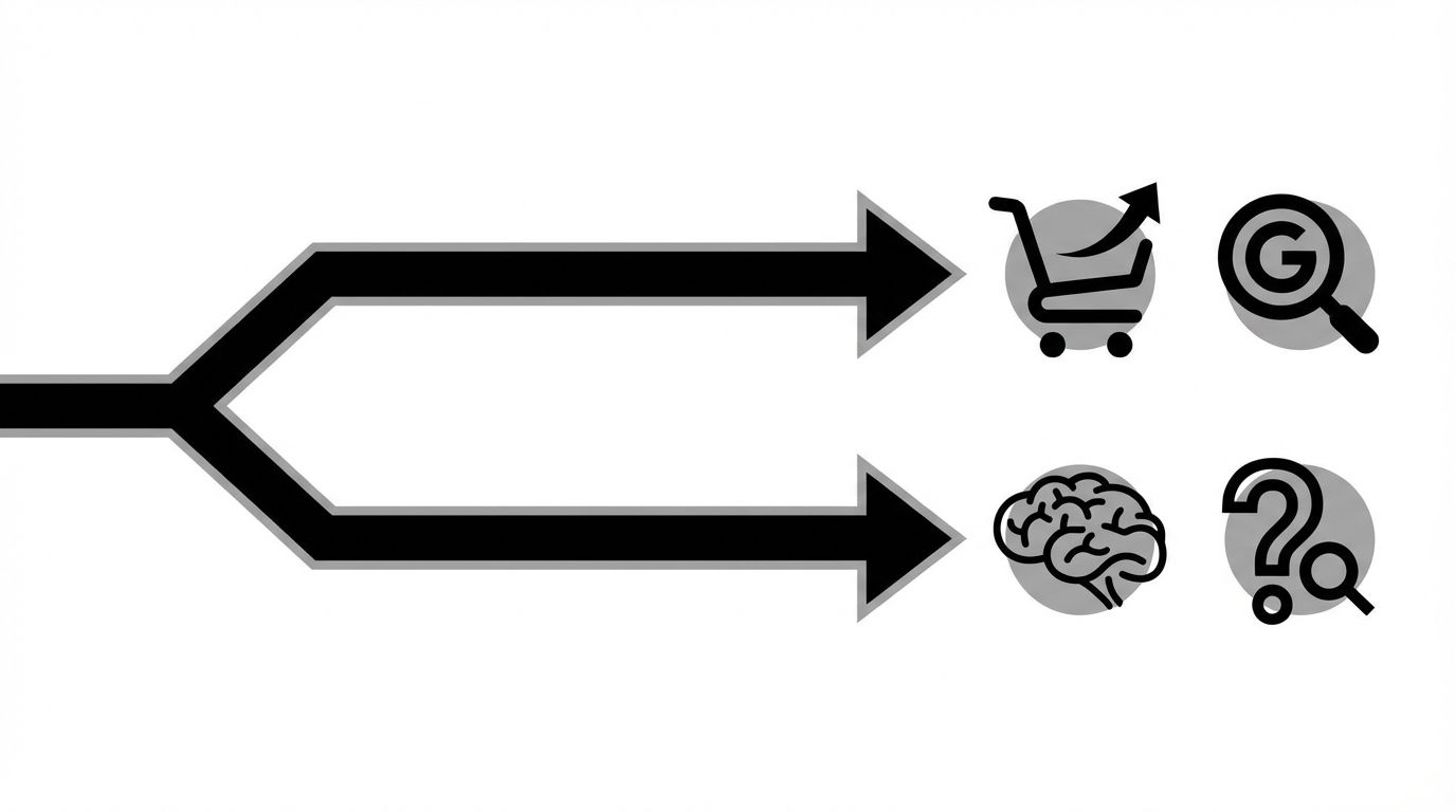 Diagram showing two parallel tracks: marketplace optimization flowing to Amazon and Google Shopping, and GEO optimization flowing to AI platforms like ChatGPT and Perplexity