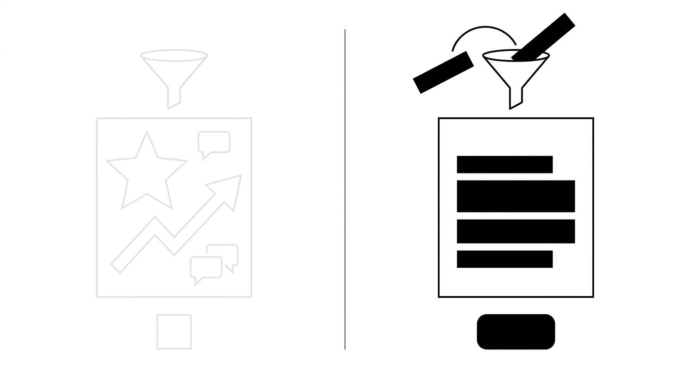 Diagram comparing a claim-led advisory page, built from superlatives, returns figures and testimonials, with an explanation-led page built from self-contained answer passages, showing only the second being extracted into an AI answer