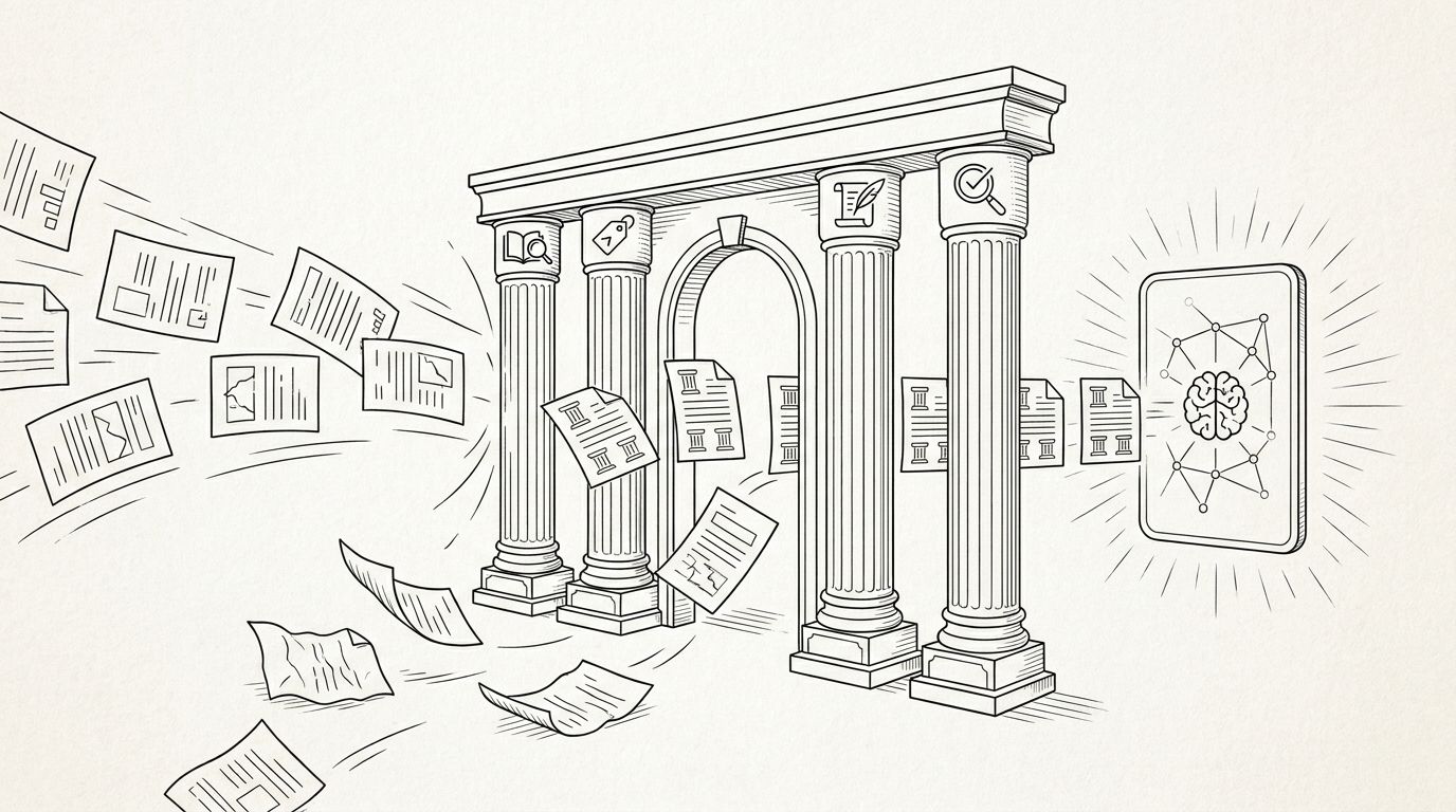 Diagram showing a gate with regulatory pillars labeled transparency, attribution, authorship, and verifiability, with branded content passing through to an AI response panel, while unattributed content is filtered out