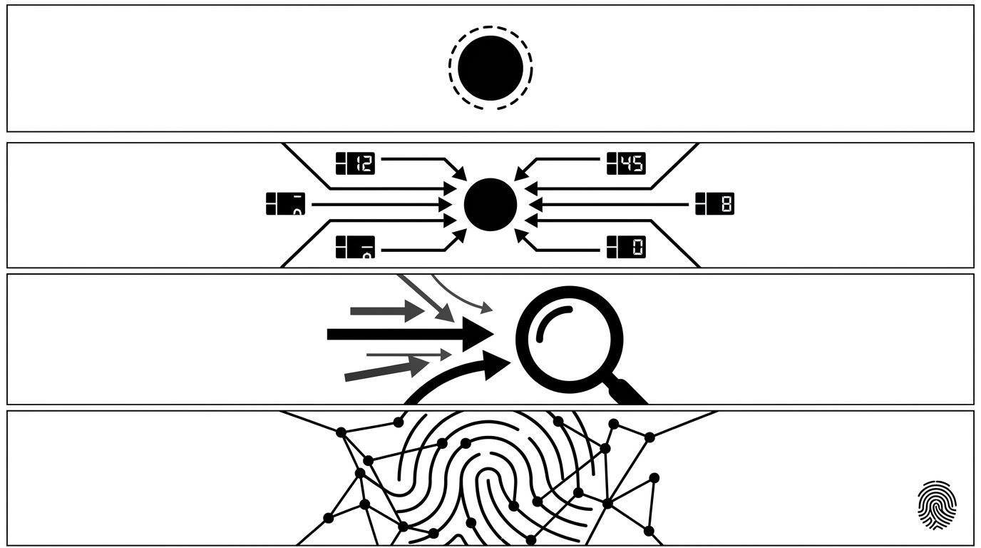 Four-panel diagram showing the AI-visibility internal-linking audit steps: orphan detection, hub inbound link counting, anchor text sampling, and entity-signal review