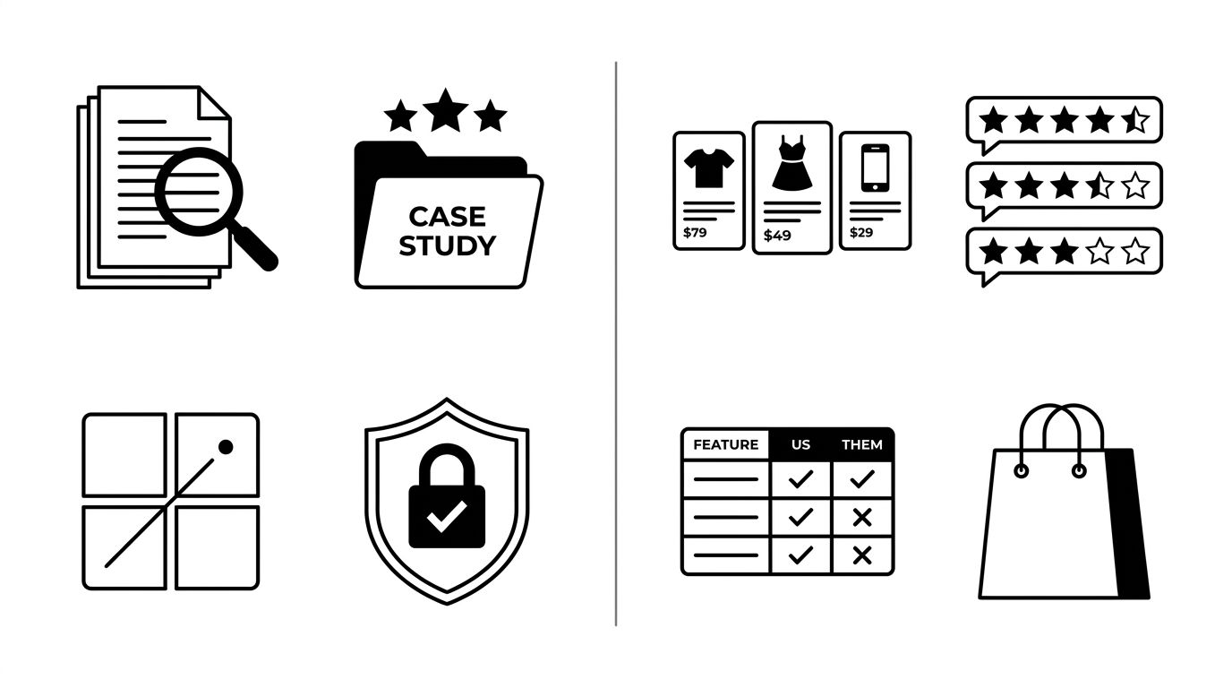 Split diagram comparing B2B and B2C ranking signals, with B2B showing documentation, case studies, and analyst reports on one side and B2C showing reviews, product pages, and comparison articles on the other