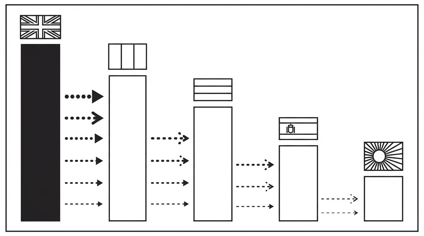Diagram showing English brand authority at full strength on the left with dotted arrows of decreasing thickness pointing to French German Spanish and Japanese columns representing diminishing cross-lingual transfer of brand signals