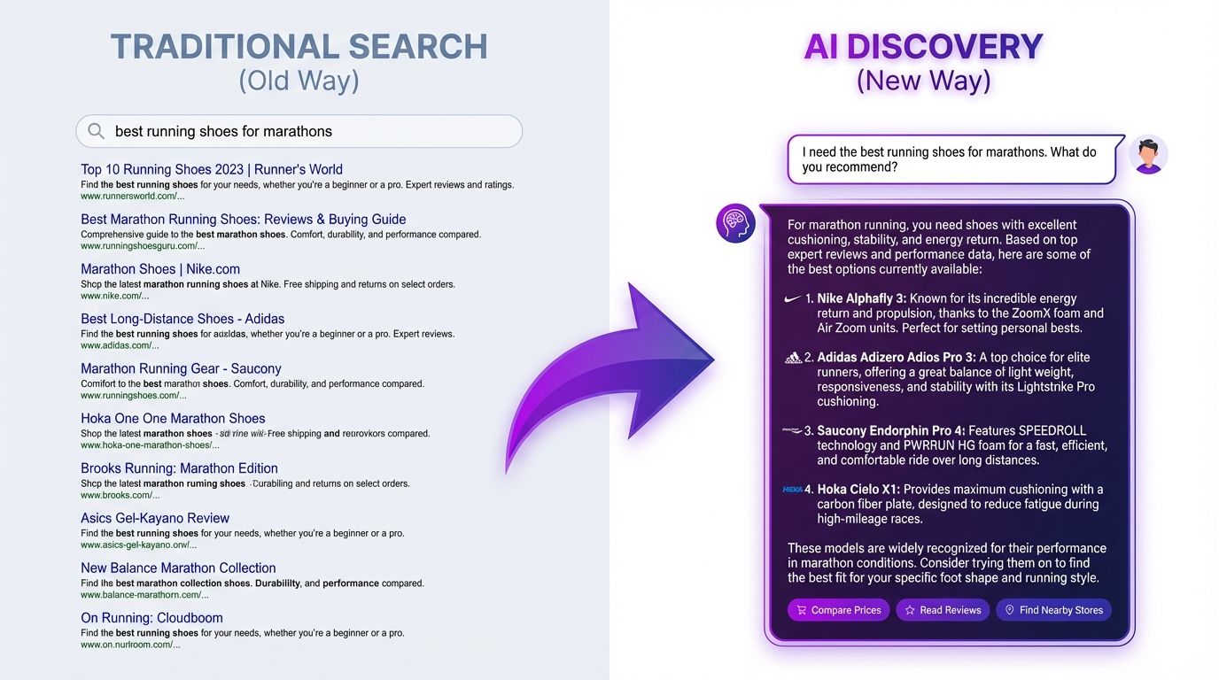 Diagram showing the shift from traditional search to AI-driven brand discovery across multiple platforms