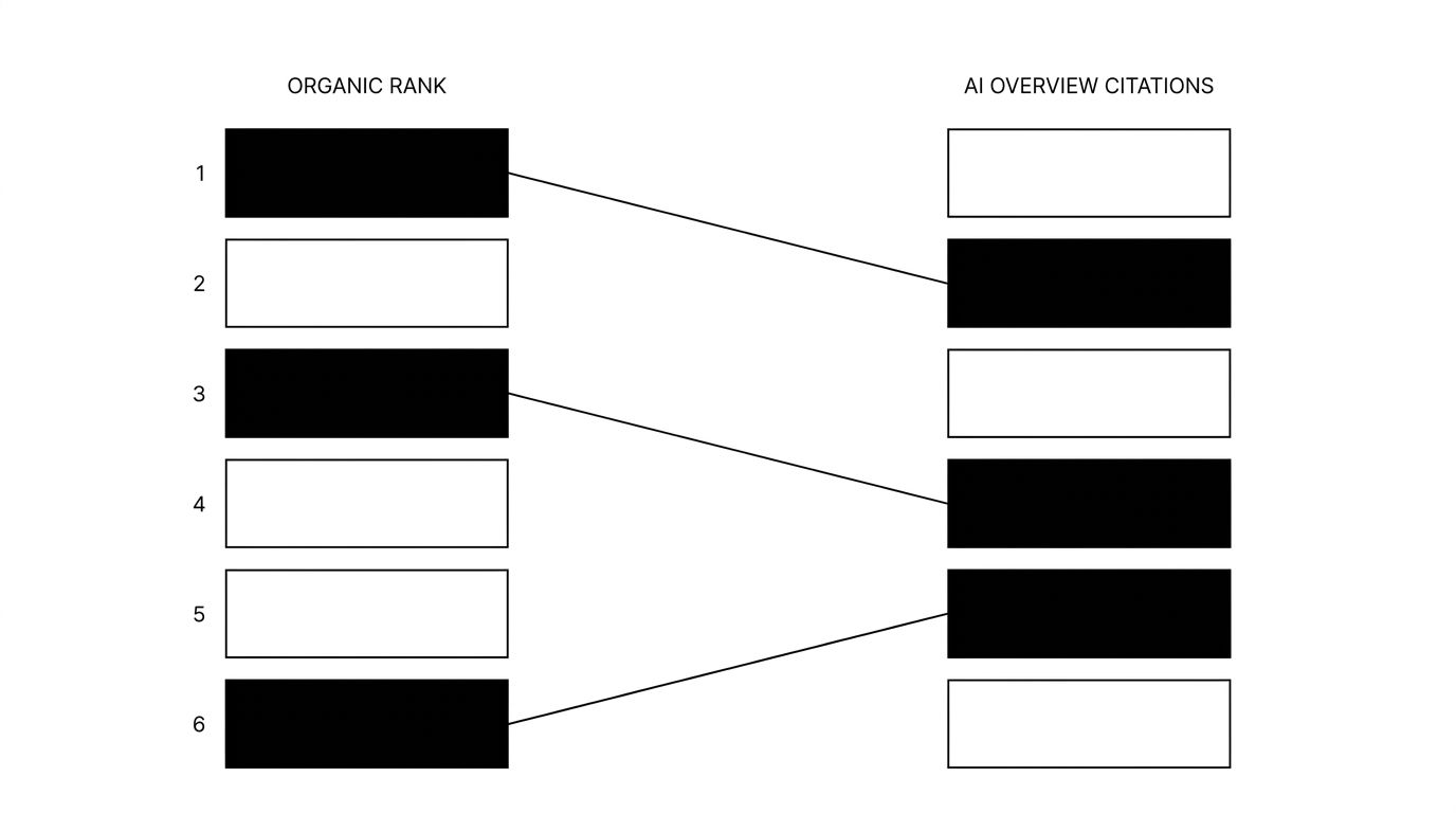 Two-column diagram contrasting the organic ranking order for Indian health insurance queries against the different set of sources cited in the Google AI Overview above them