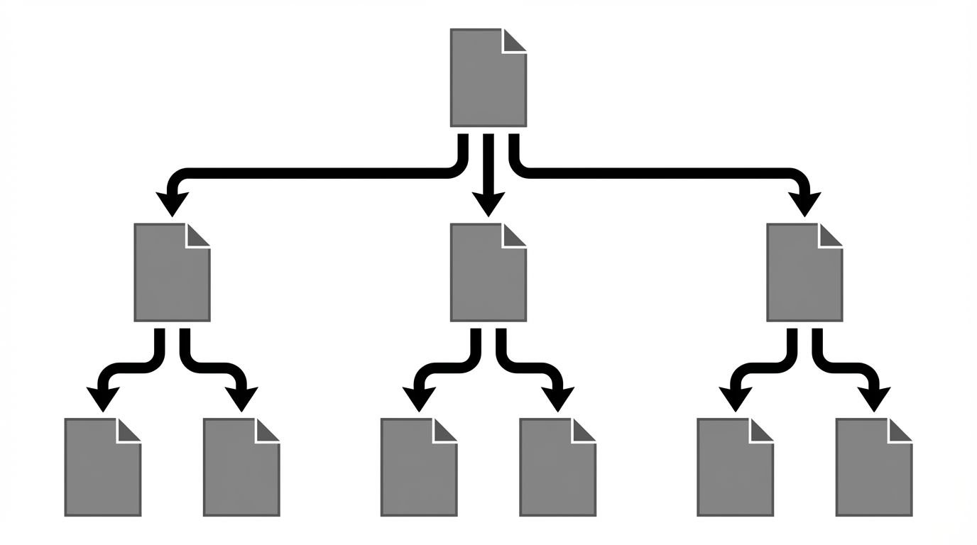 Diagram showing a primary source document at the top with arrows flowing down to three citing sources then further arrows flowing to six secondary citing sources illustrating how citations compound
