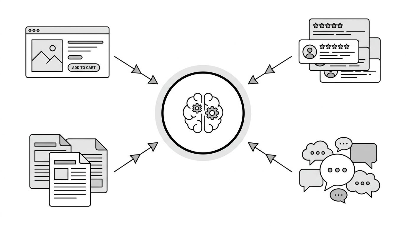 Diagram showing how AI shopping assistants pull signals from PDPs, reviews, third-party sites, and social platforms to form a product recommendation
