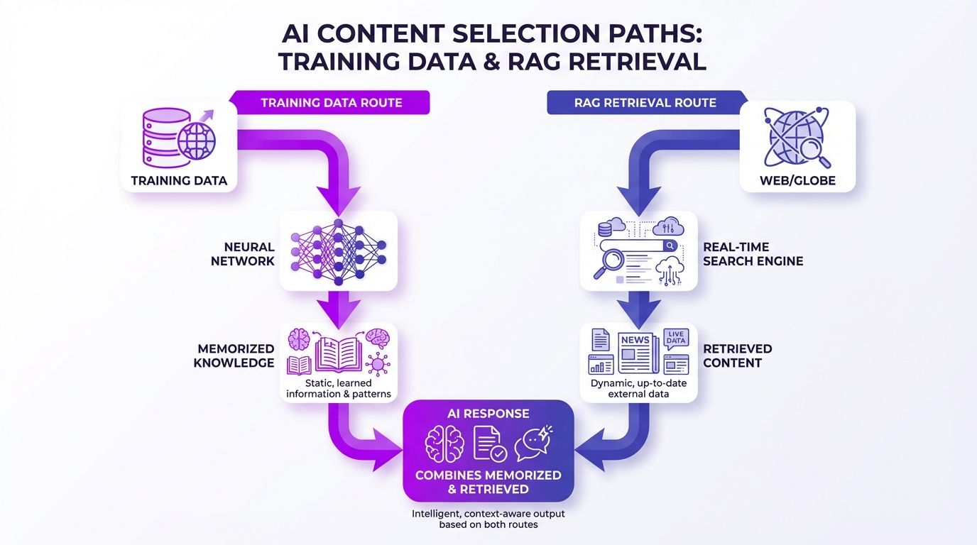 Diagram showing how AI models choose content through training data and RAG retrieval paths
