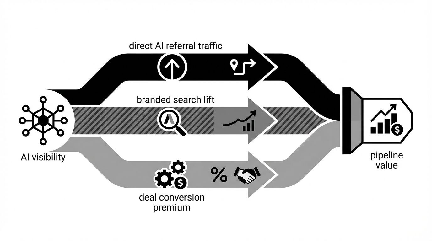 Diagram showing three revenue paths from AI mentions: direct AI referral traffic, branded search lift, and deal conversion premium, all flowing into total AI-attributed pipeline