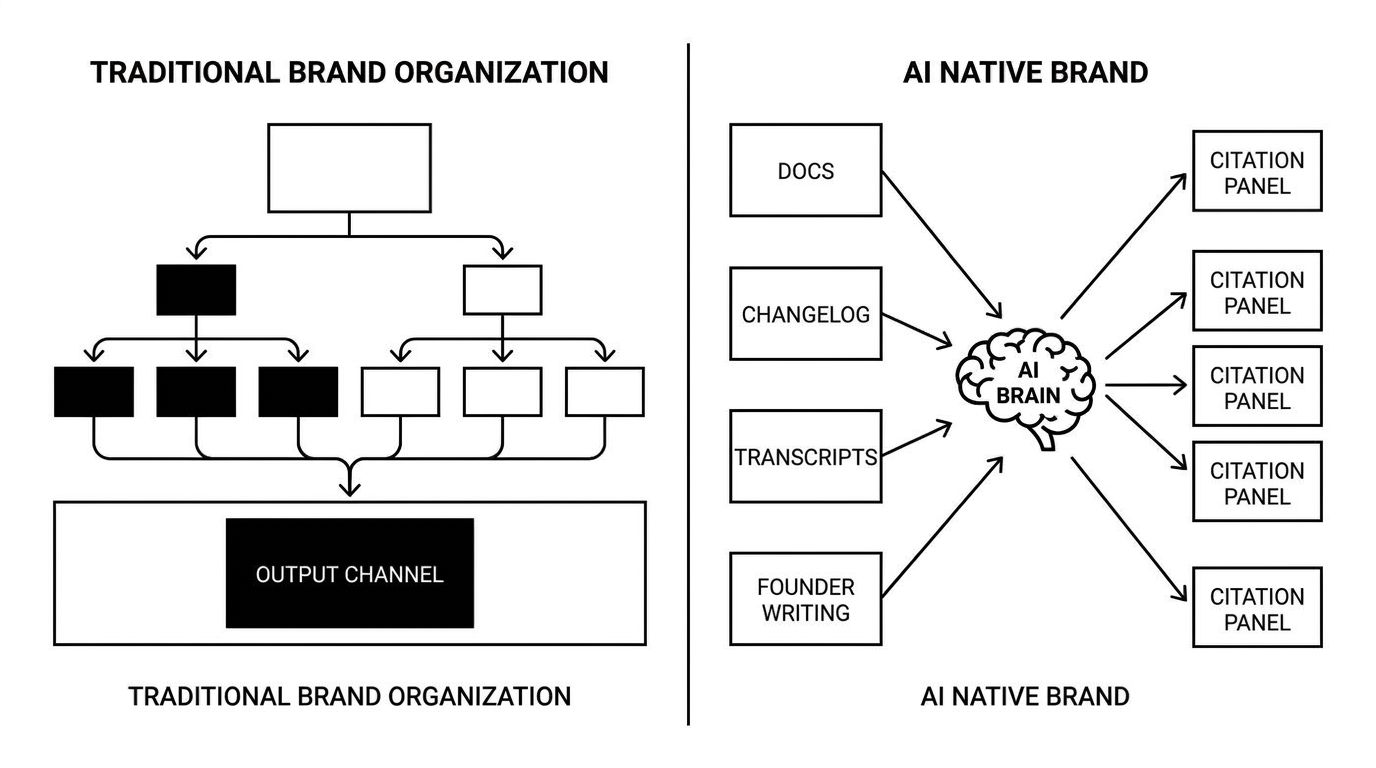 Diagram showing a traditional brand org on the left with marketing content feeding one channel, versus an AI native brand on the right where docs, changelog, transcripts, and founder writing all feed directly into LLM retrieval and AI platform citations