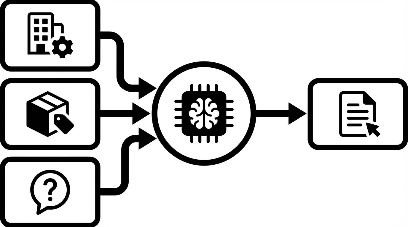 Diagram showing Organization, Product, and FAQ schema feeding into an AI model's entity recognition, fact extraction, and response generation stages