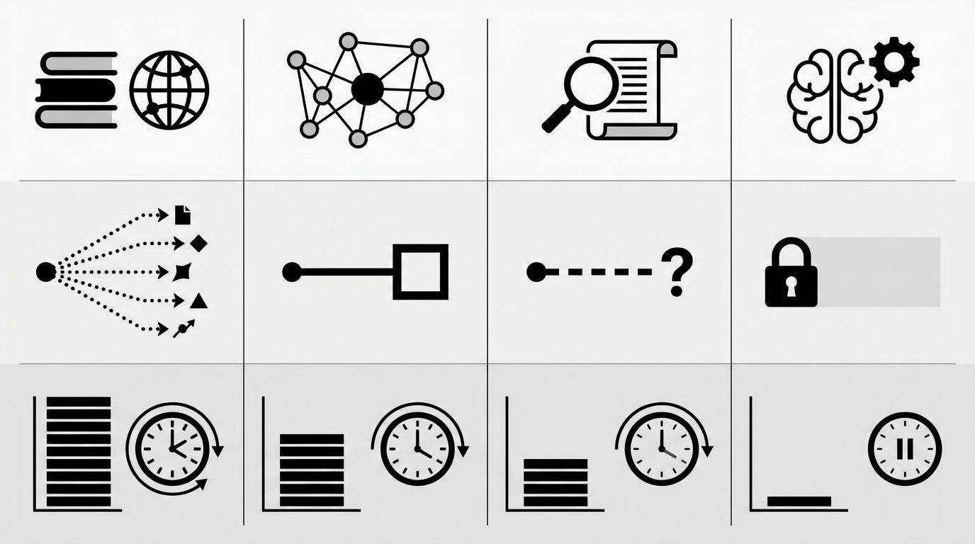 Side-by-side comparison grid showing retrieval methods for ChatGPT, Perplexity, Gemini, and Copilot across source type, citation behavior, and update frequency