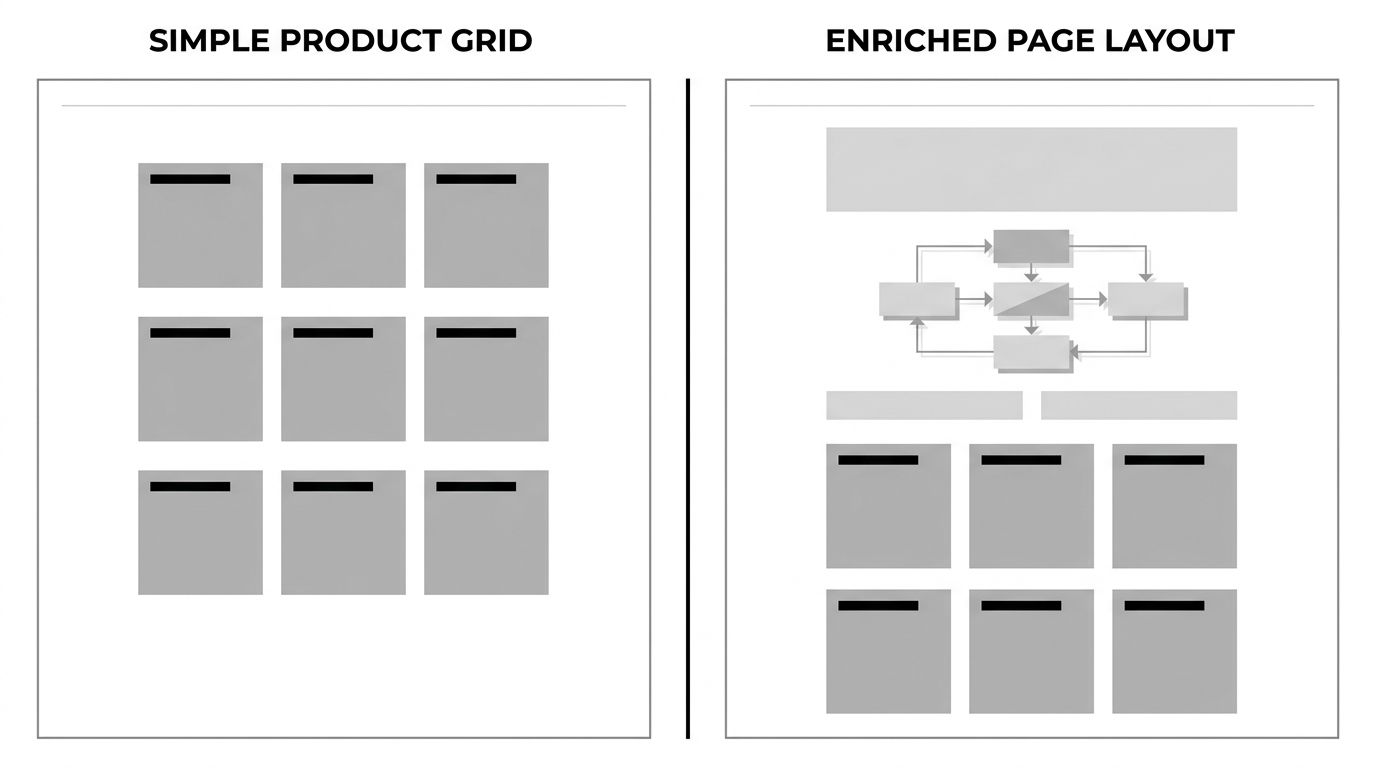 Layout comparing a standard product-grid category page with an AI-ready category page that includes an editorial buying guide