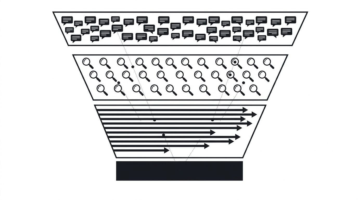 Diagram showing a funnel where AI mention rate feeds into branded search and direct traffic, which then feeds into pipeline, with dotted regression lines connecting each layer
