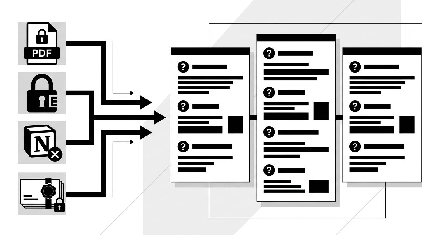 Content repurposing flow showing locked source assets being transformed into crawlable public pages with answer-shaped structure