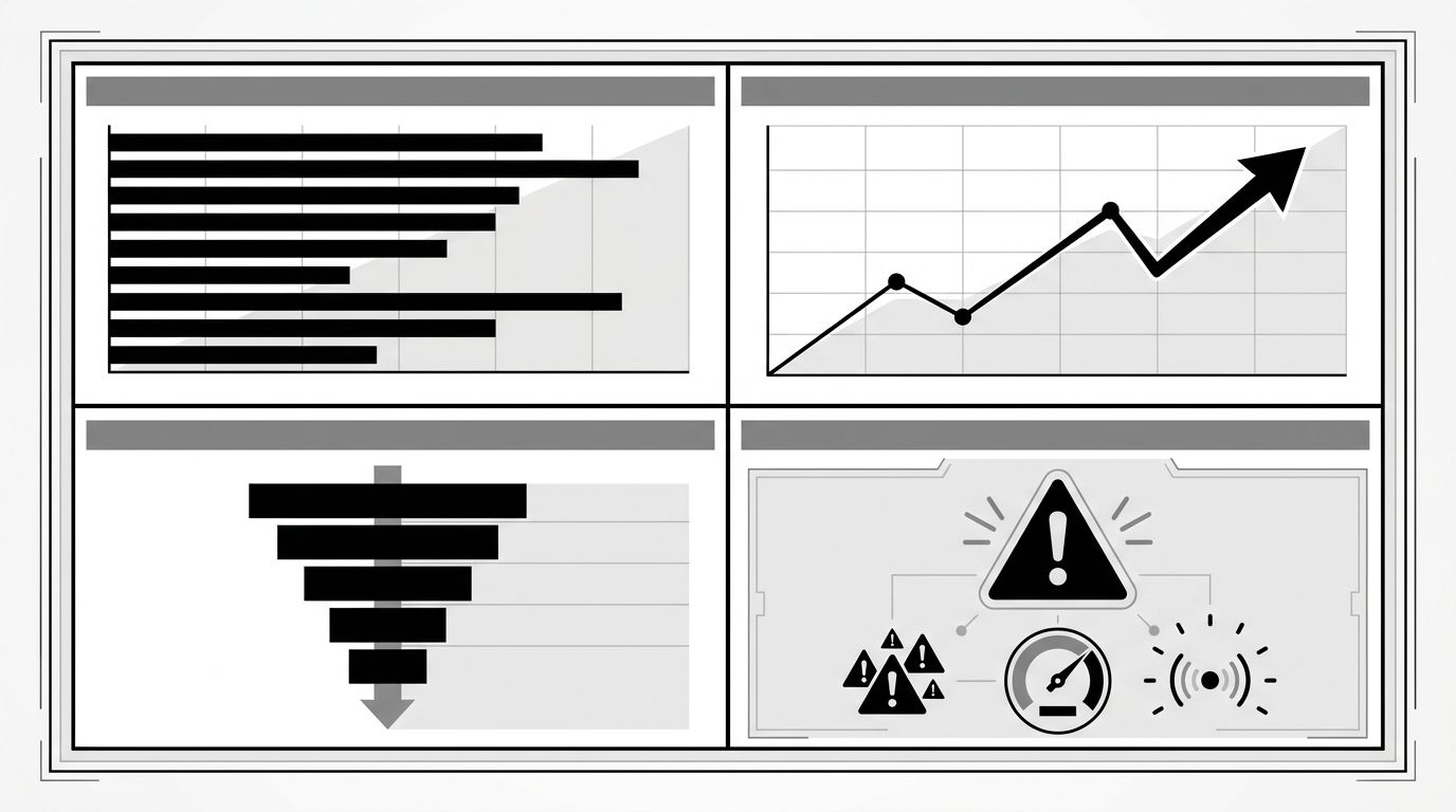 Example executive dashboard showing share of voice, sentiment, pipeline, and risk metrics with trend arrows