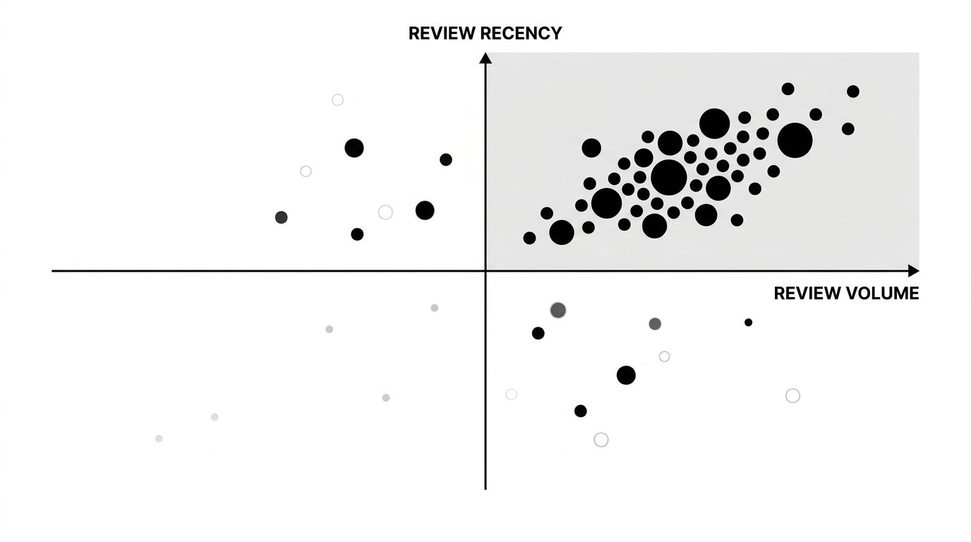 Four-quadrant chart plotting review volume against review recency, with the high-recency quadrant marked as the zone where AI recommendations cluster