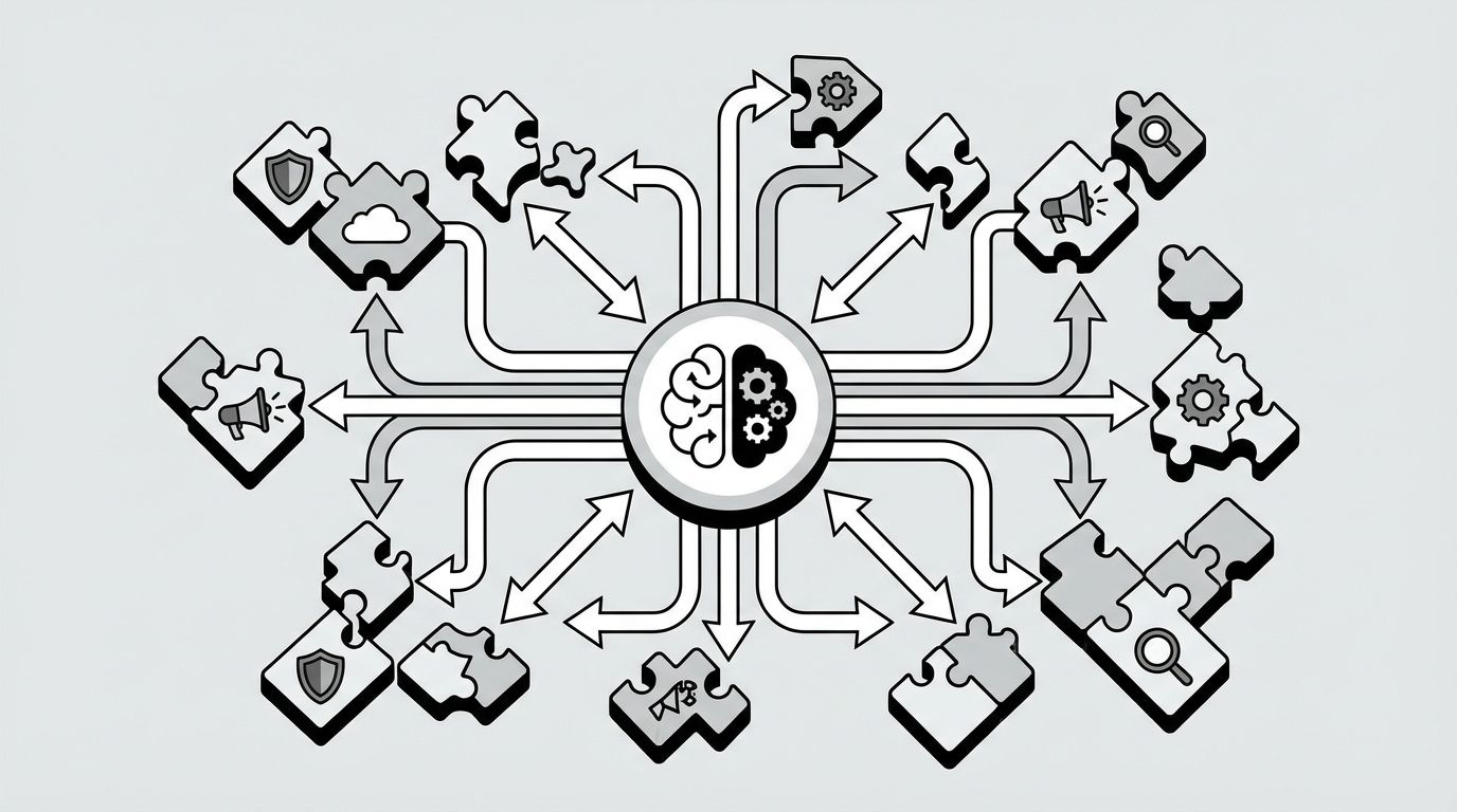 Diagram showing a centralized governance hub connected to multiple department nodes with coordinated arrows flowing outward, representing unified AI brand messaging across distributed enterprise teams