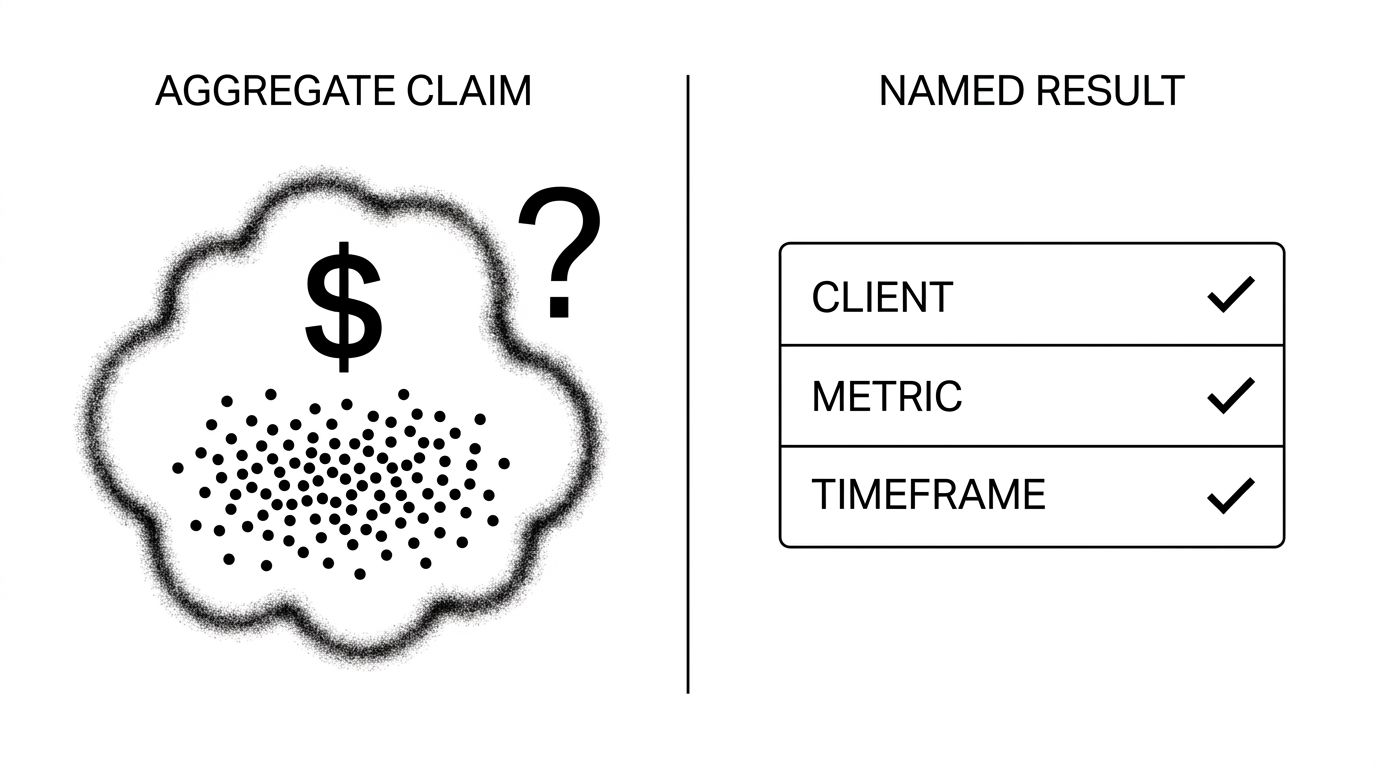 Comparison diagram contrasting vague aggregate agency claims with named client results that include a client, a metric, and a timeframe